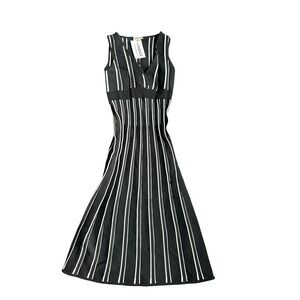 L'Agence Black White Stripe Sleeveless V Neck Knit Midi Dress XS